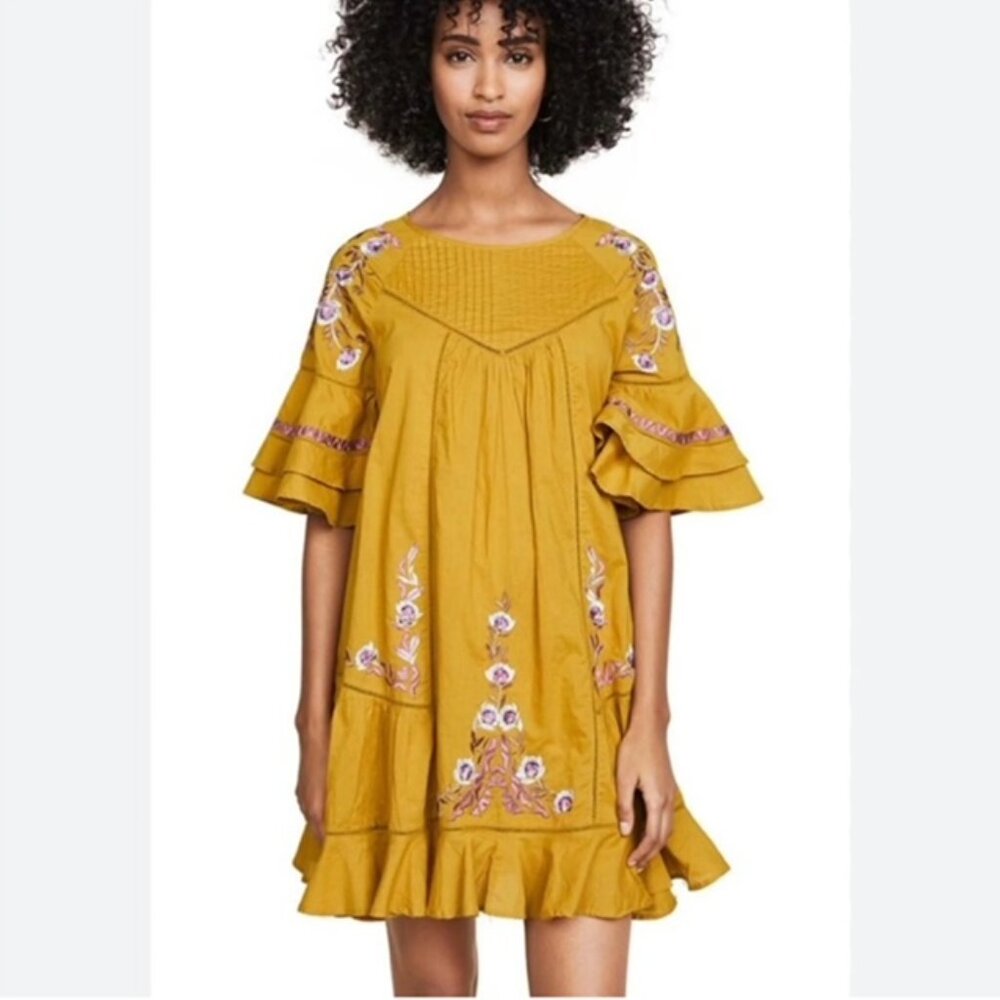 Free People PALVO Cotton Embroidered Yellow Gold Boho Dress